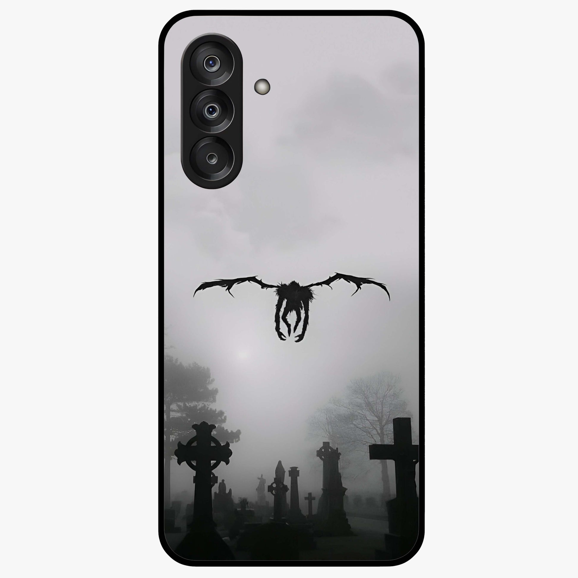 Graveyard Shadow Descent Glass Case showing flat back view with dark graveyard themed artwork and glossy glass finish.