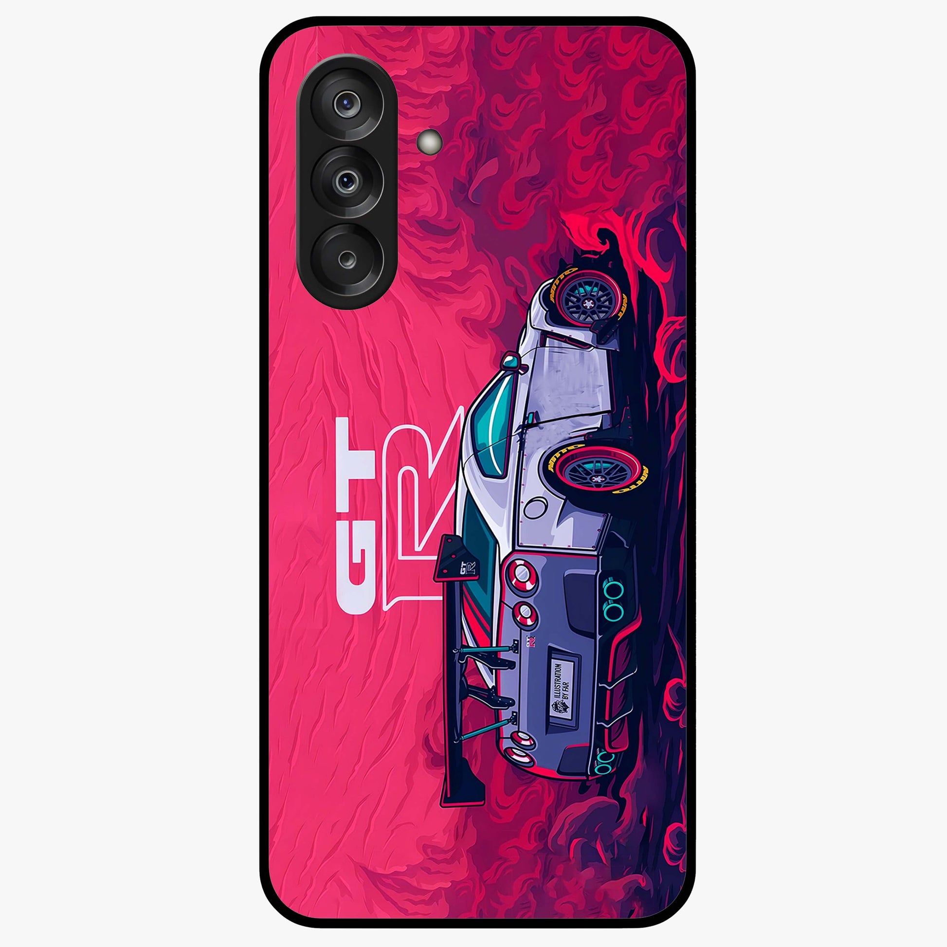 GT-R Car Pattern Glass Case showing flat back view with sporty car inspired pattern artwork and glossy glass finish.