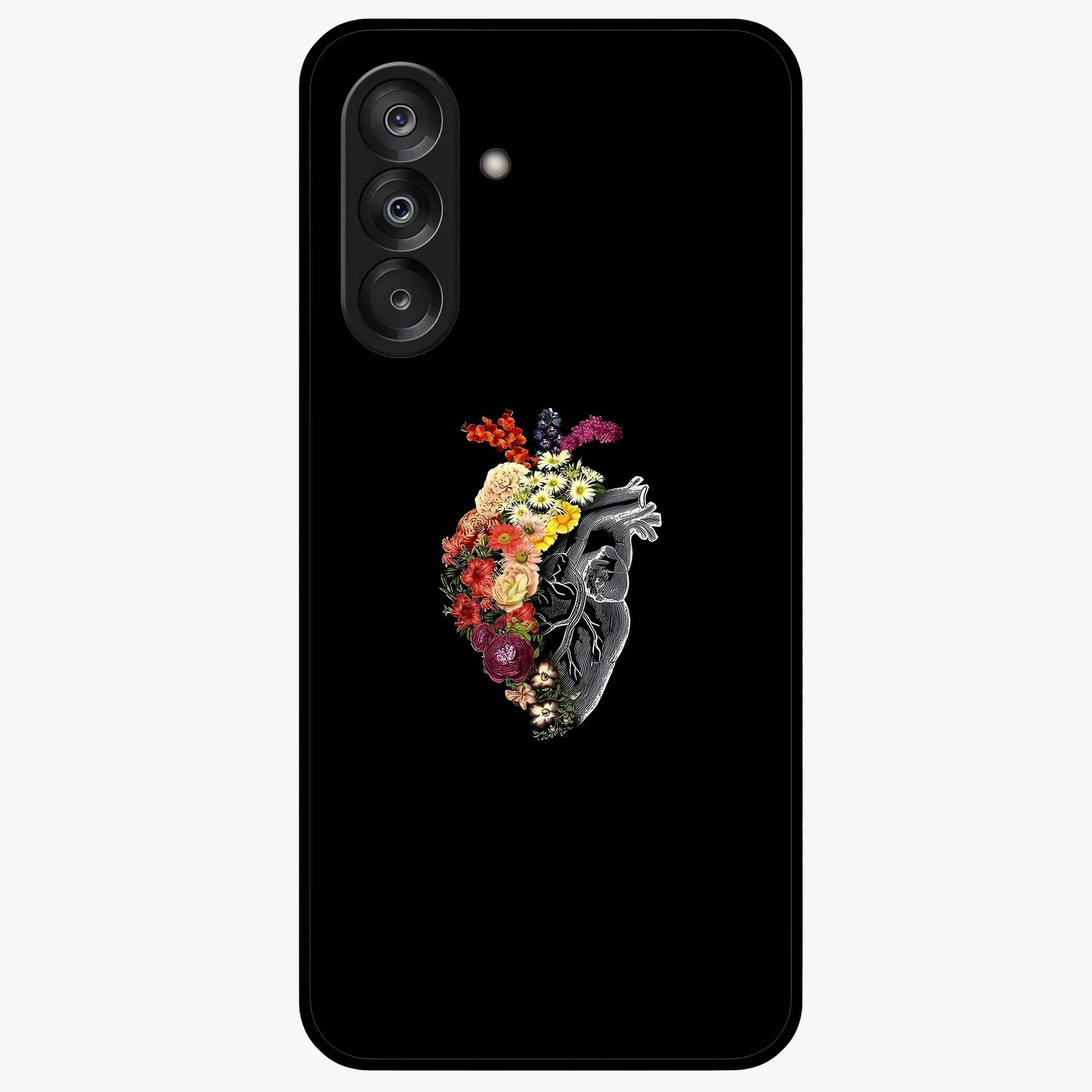Heart With Flowers Glass Case showing flat back view with heart shaped floral artwork and glossy glass finish.