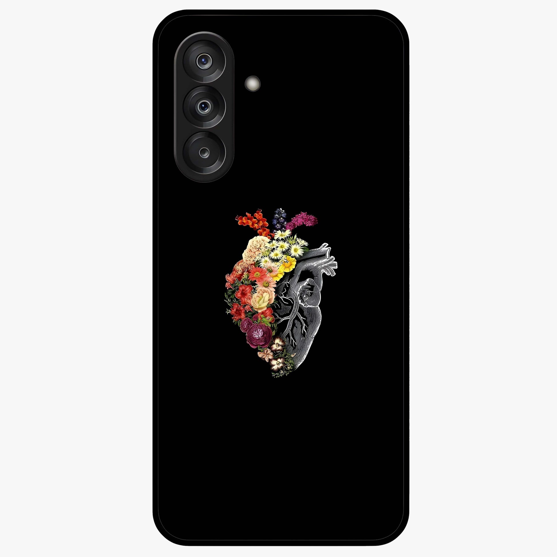 Heart With Flowers Glass Case showing flat back view with heart shaped floral artwork and glossy glass finish.