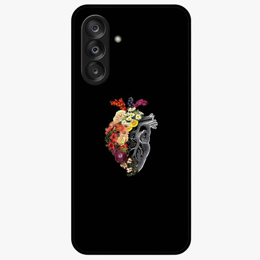 Heart With Flowers Glass Case showing flat back view with heart shaped floral artwork and glossy glass finish.