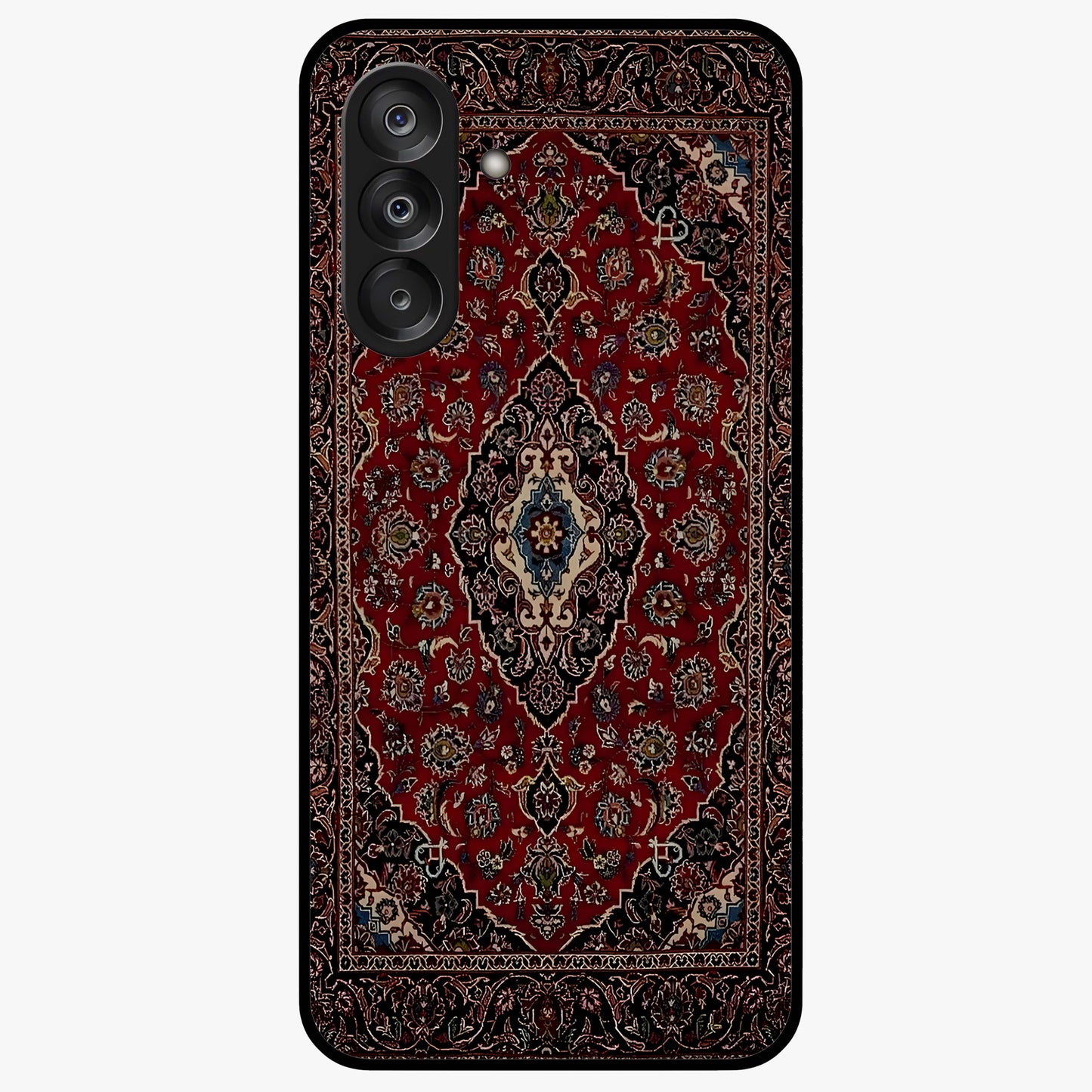 Heritage Carpet Royale Glass Case showing flat back view with ornate Persian carpet inspired pattern and glossy glass finish.