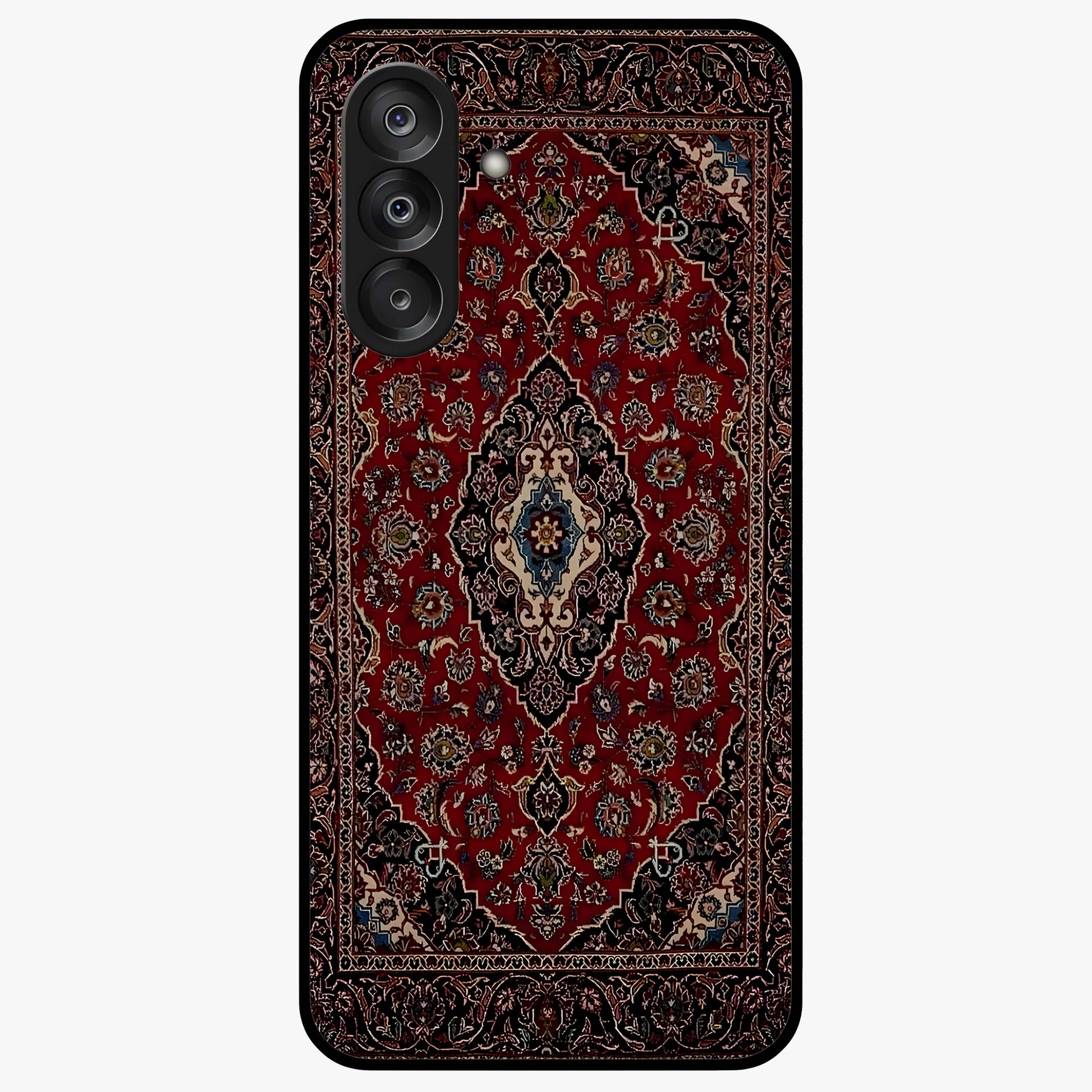 Heritage Carpet Royale Glass Case showing flat back view with ornate Persian carpet inspired pattern and glossy glass finish.