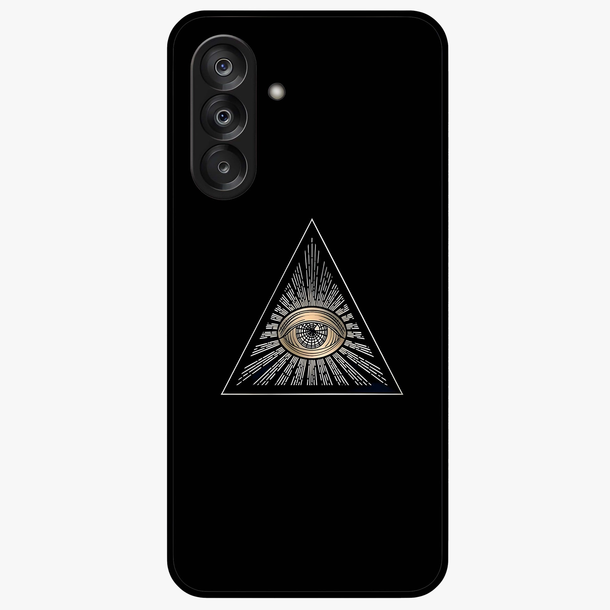 Illuminati Evil Glass Case showing flat back view with mysterious illuminati symbol artwork and glossy glass finish.