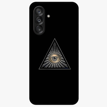 Illuminati Evil Glass Case showing flat back view with mysterious illuminati symbol artwork and glossy glass finish.