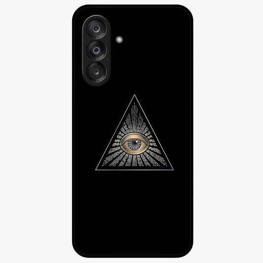 Illuminati Evil Glass Case showing flat back view with mysterious illuminati symbol artwork and glossy glass finish.