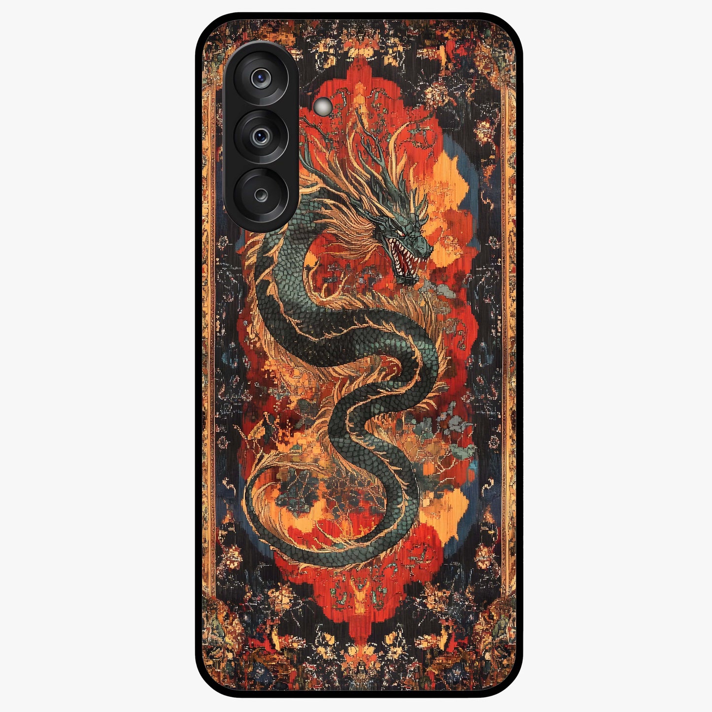 Inferno Dragon Soul Glass Case showing flat back view with fiery dragon artwork and glossy glass finish.