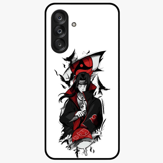Itachi Sharingan Glass Case showing flat back view with powerful anime eye artwork and glossy glass finish.