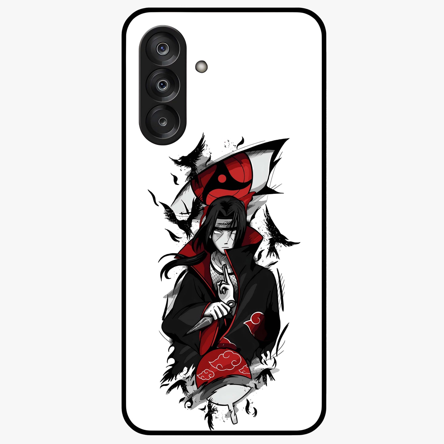 Itachi Sharingan Glass Case showing flat back view with powerful anime eye artwork and glossy glass finish.