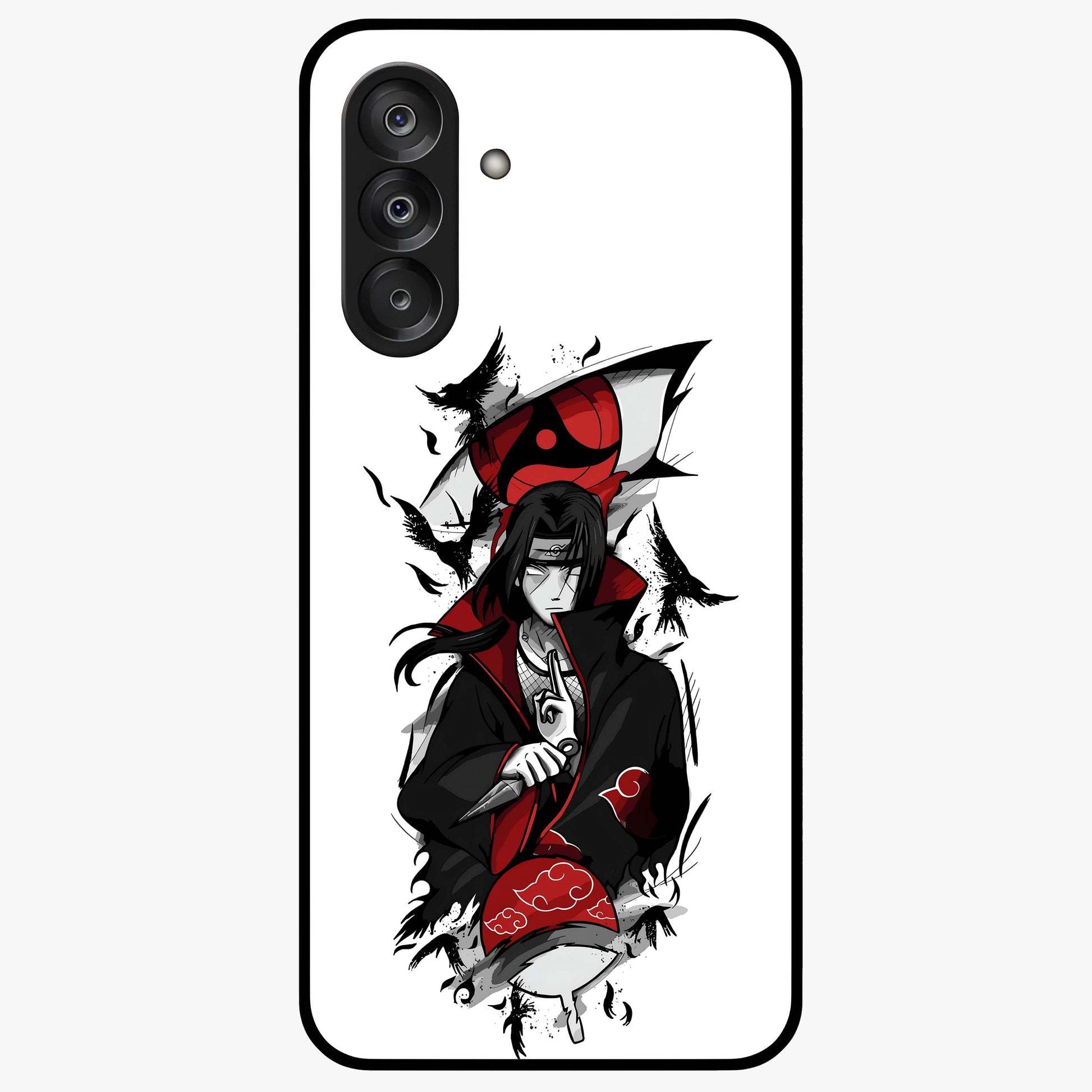 Itachi Sharingan Glass Case showing flat back view with powerful anime eye artwork and glossy glass finish.