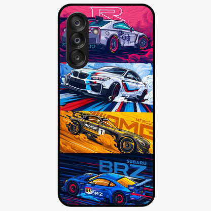 JDM Sports Car Glass Case showing flat back view with high performance sports car artwork and glossy glass finish.