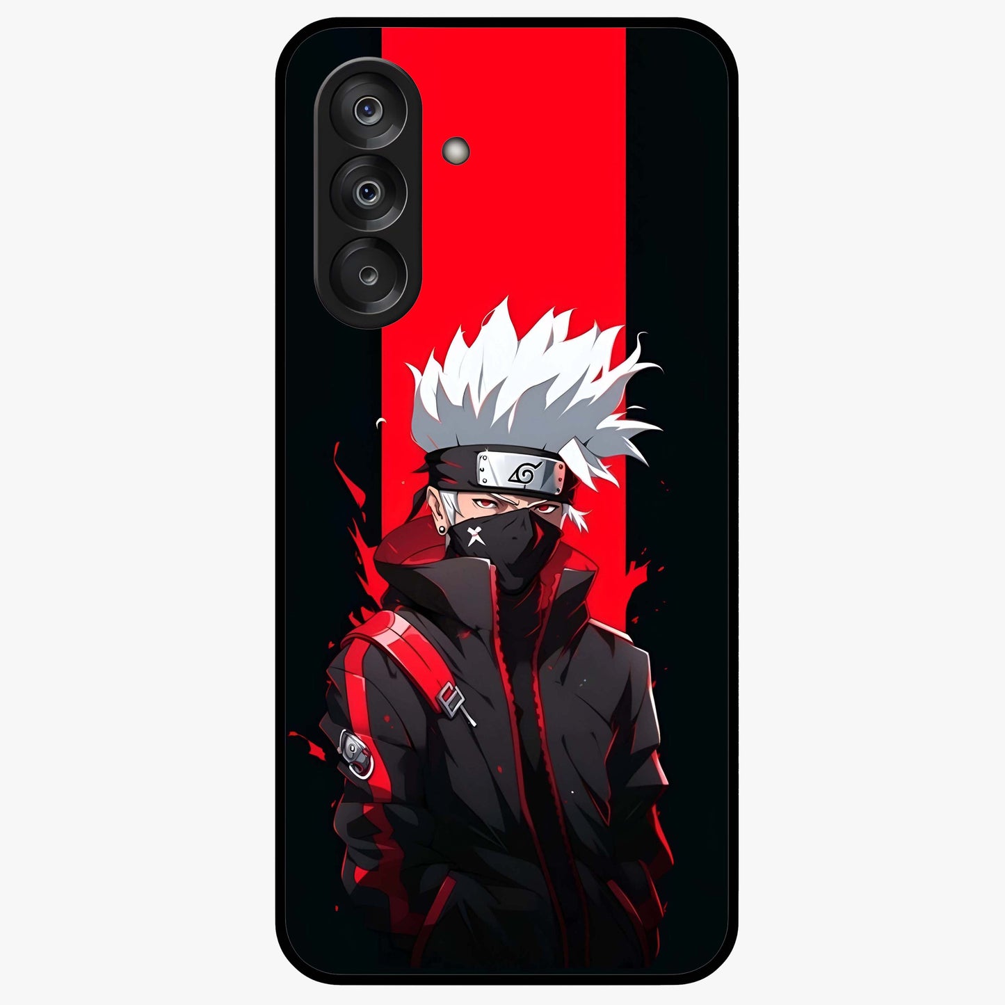 Kakashi Scarlet Shadow Glass Case showing flat back view with powerful anime ninja artwork and glossy glass finish.