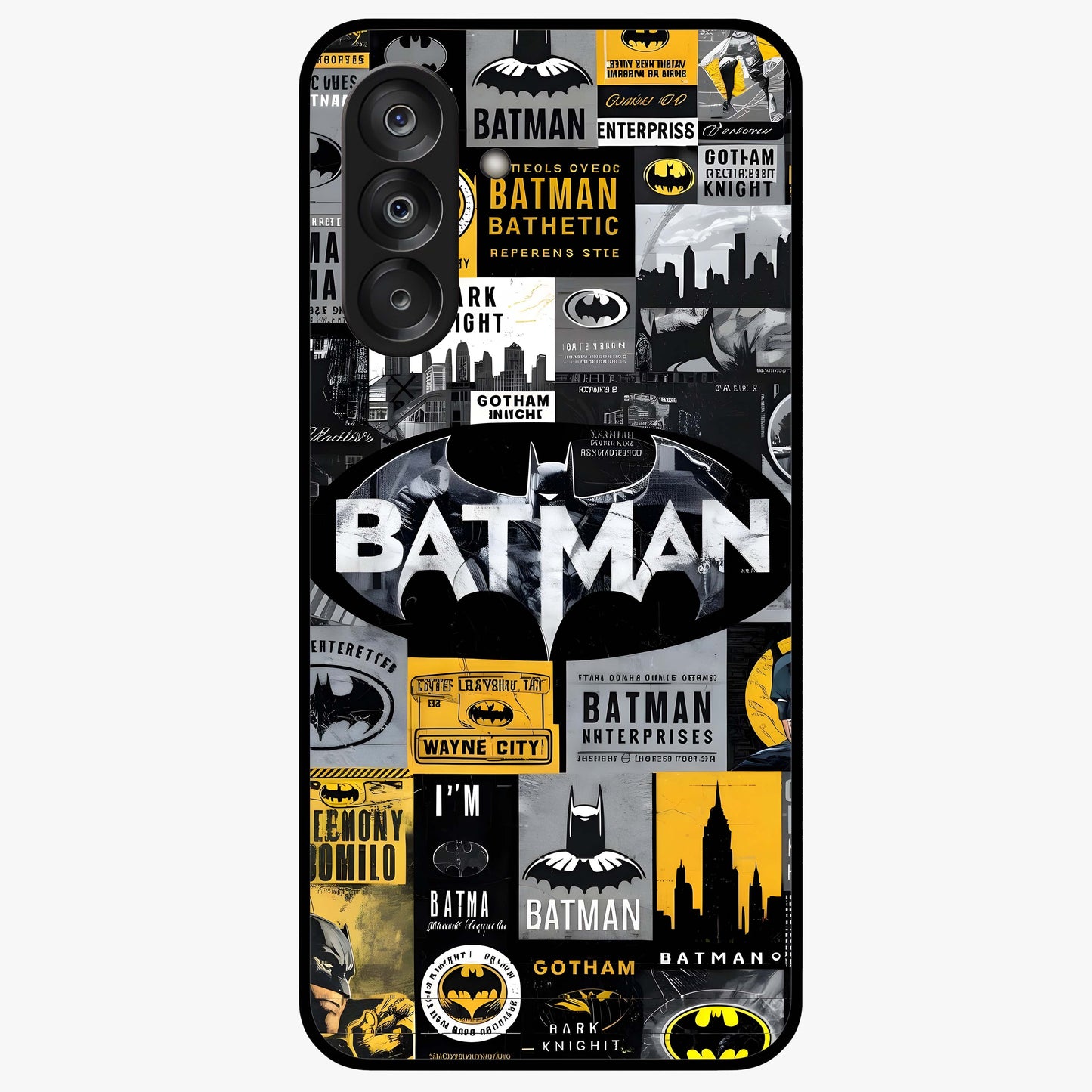 Knight Gotham Rise Glass Case showing flat back view with dark hero inspired artwork and glossy glass finish.