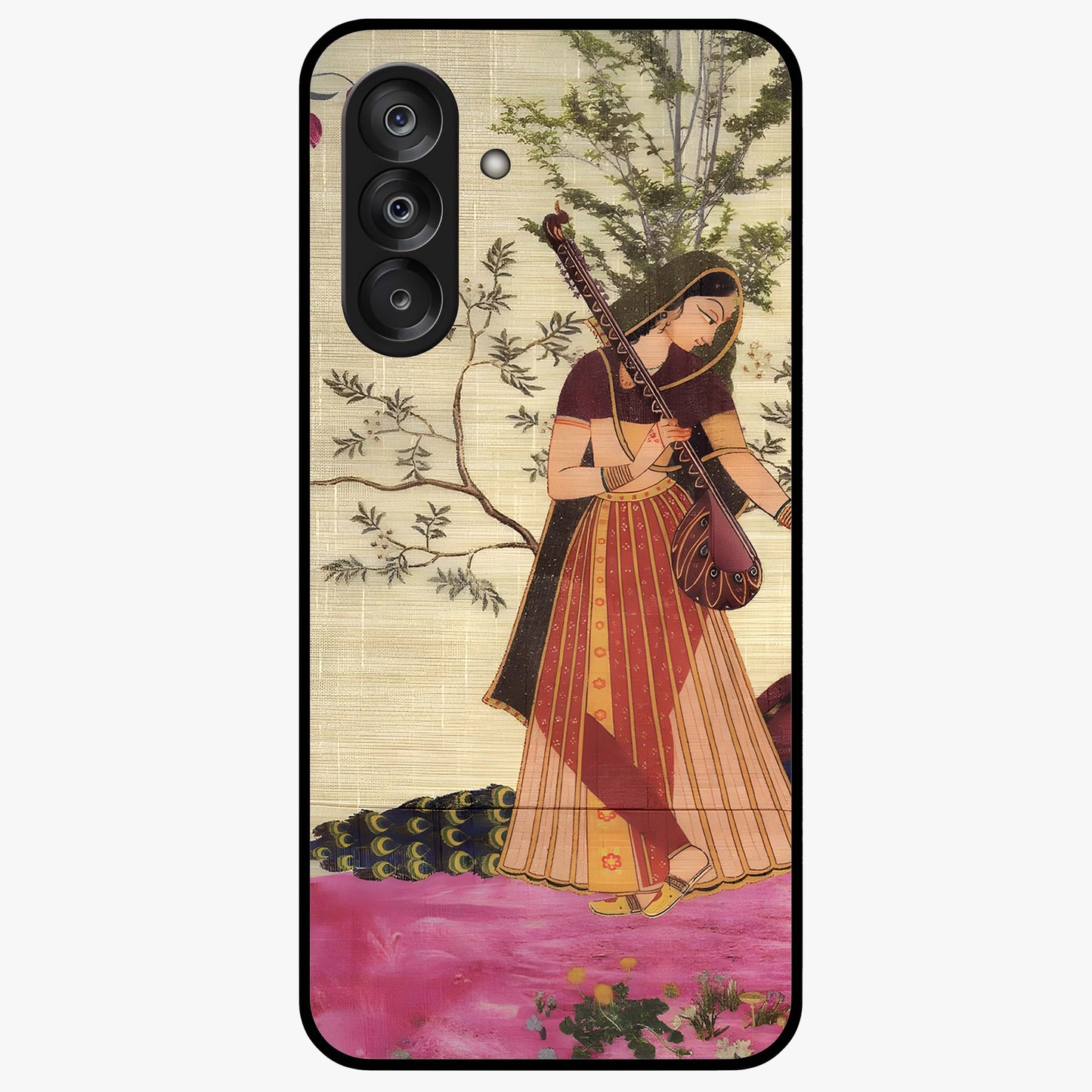 Lady With Veena Art Glass Case showing flat back view with elegant woman playing veena artwork and glossy glass finish.
