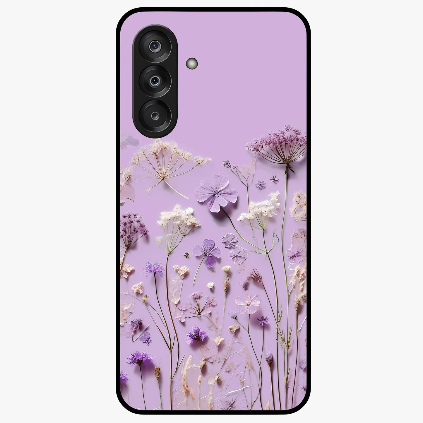 Lavender Blossom Dream Glass Case showing flat back view with soft lavender floral artwork and glossy glass finish.