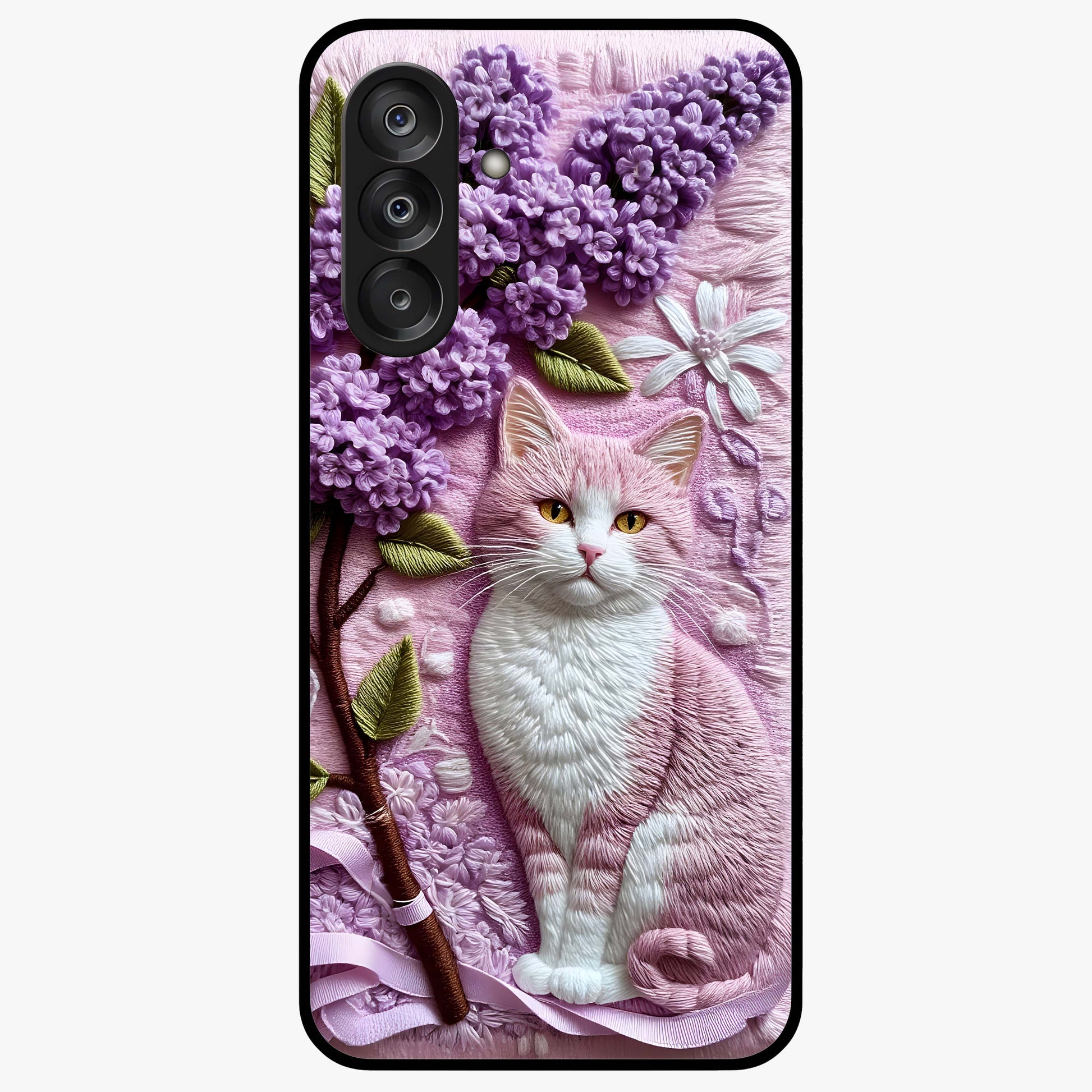 Lavender Cat Whimsy Glass Case showing flat back view with cute lavender cat artwork and glossy glass finish.