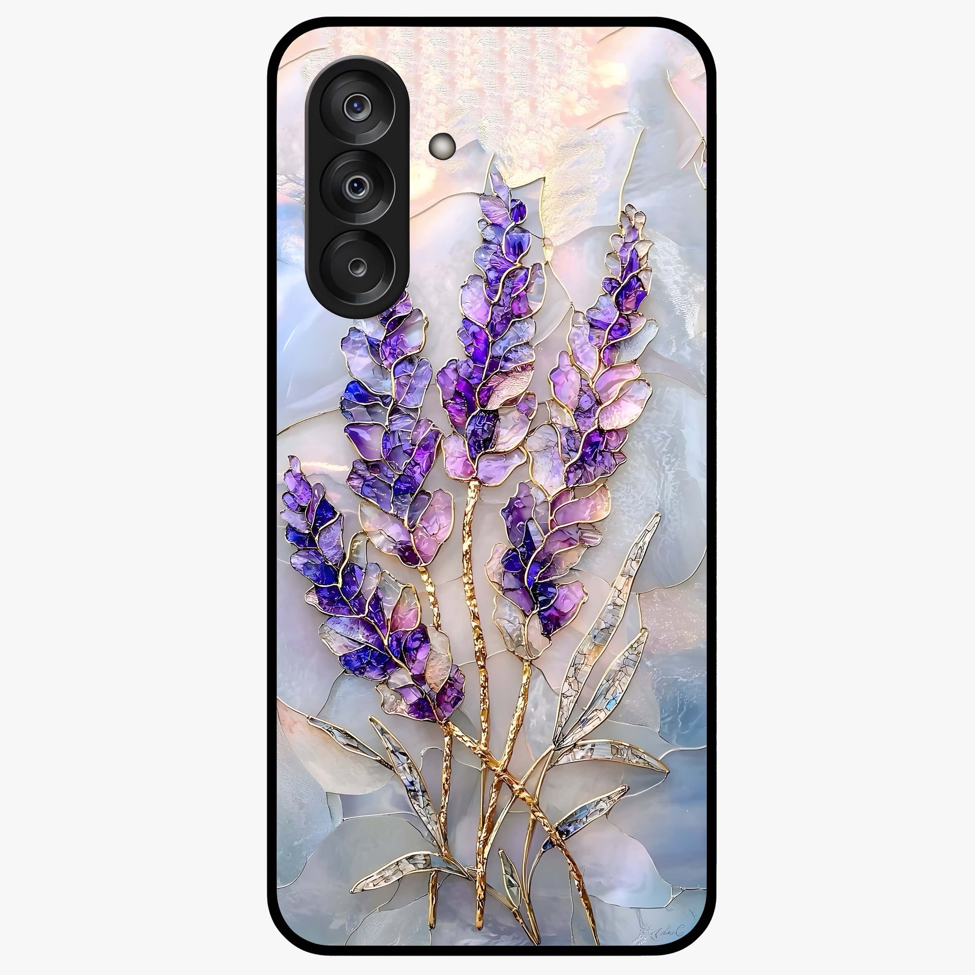 Lavender Dream Glow Glass Case showing flat back view with glowing lavender aesthetic artwork and glossy glass finish.