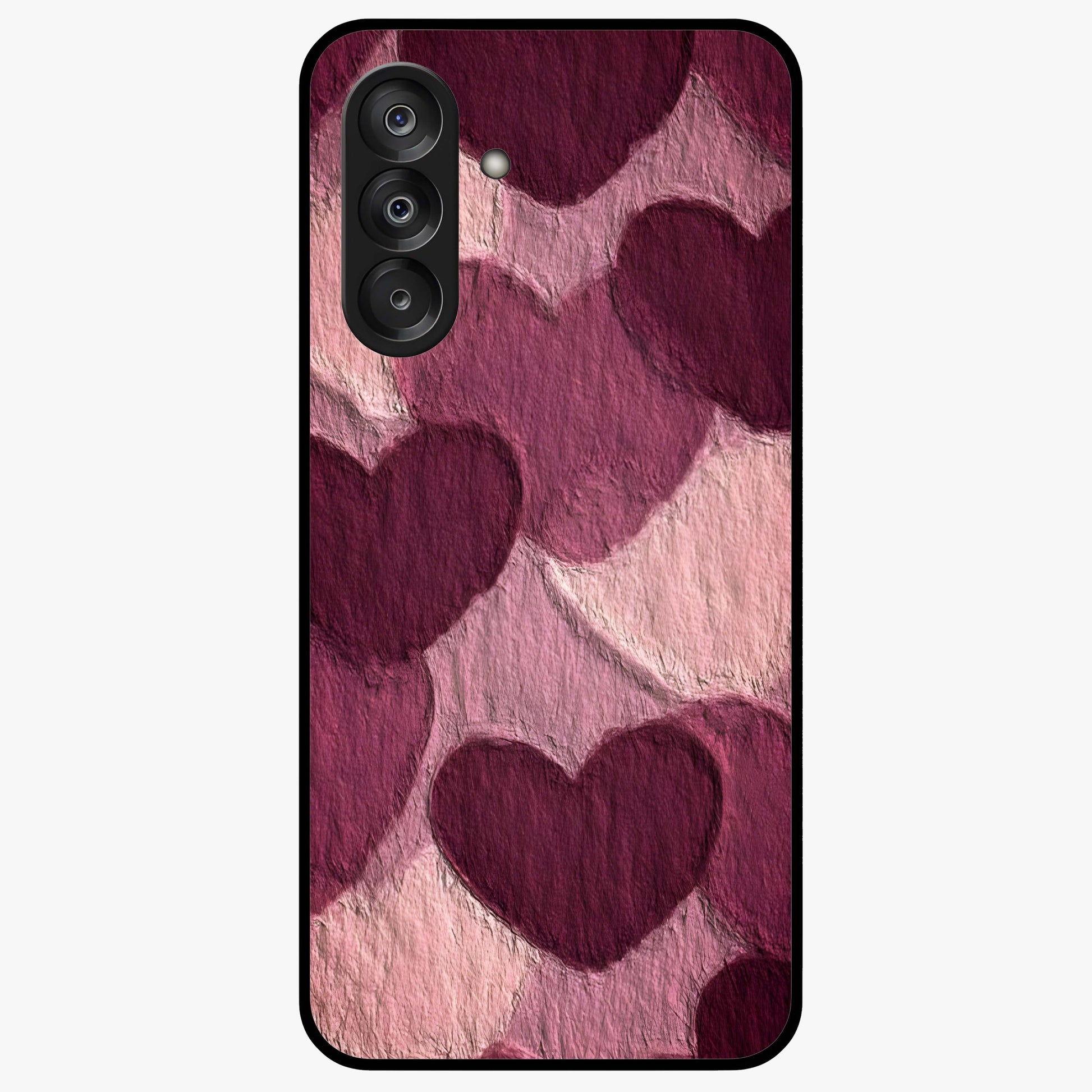 Layered Paper Hearts Glass Case showing flat back view with layered paper heart artwork and glossy glass finish.