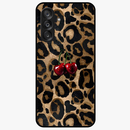 Leopard Wild Cherry Glass Case showing flat back view with leopard pattern and cherry artwork and glossy glass finish.