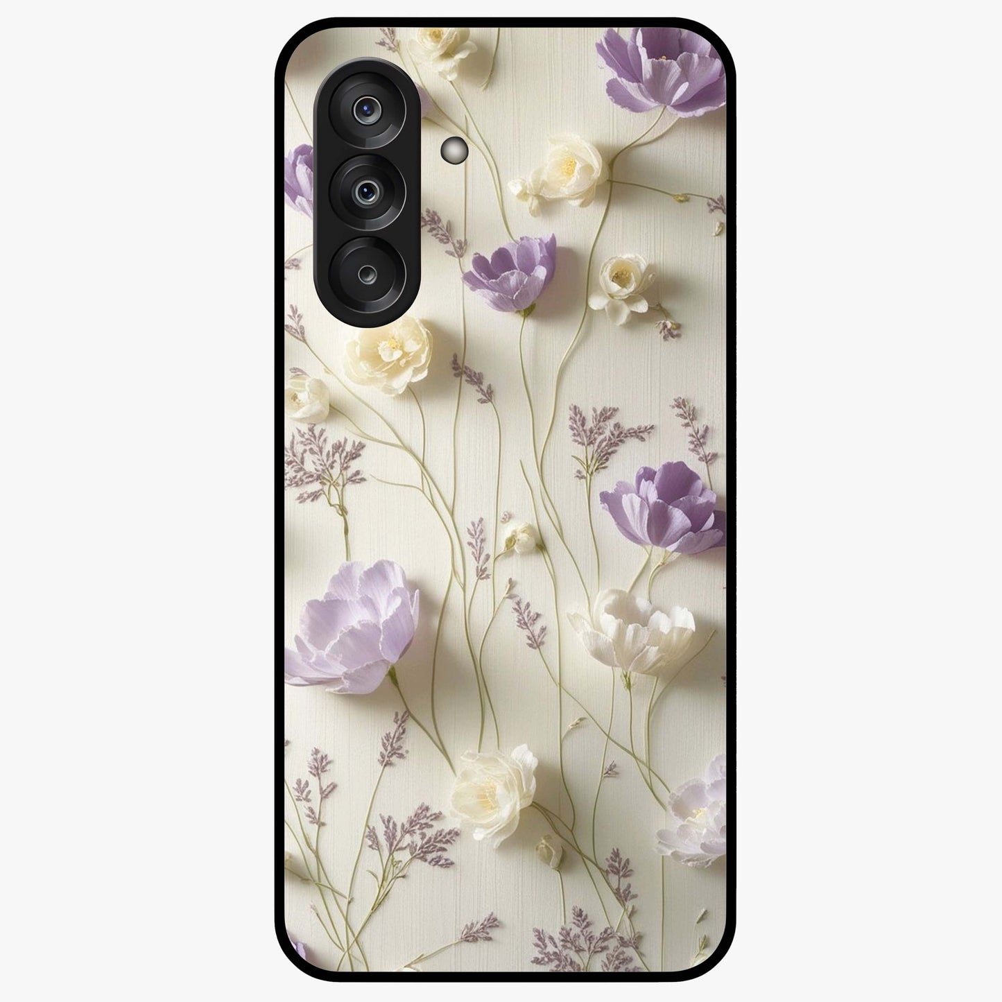 Lilac Breeze Harmony Glass Case showing flat back view with soft lilac themed artwork and glossy glass finish.