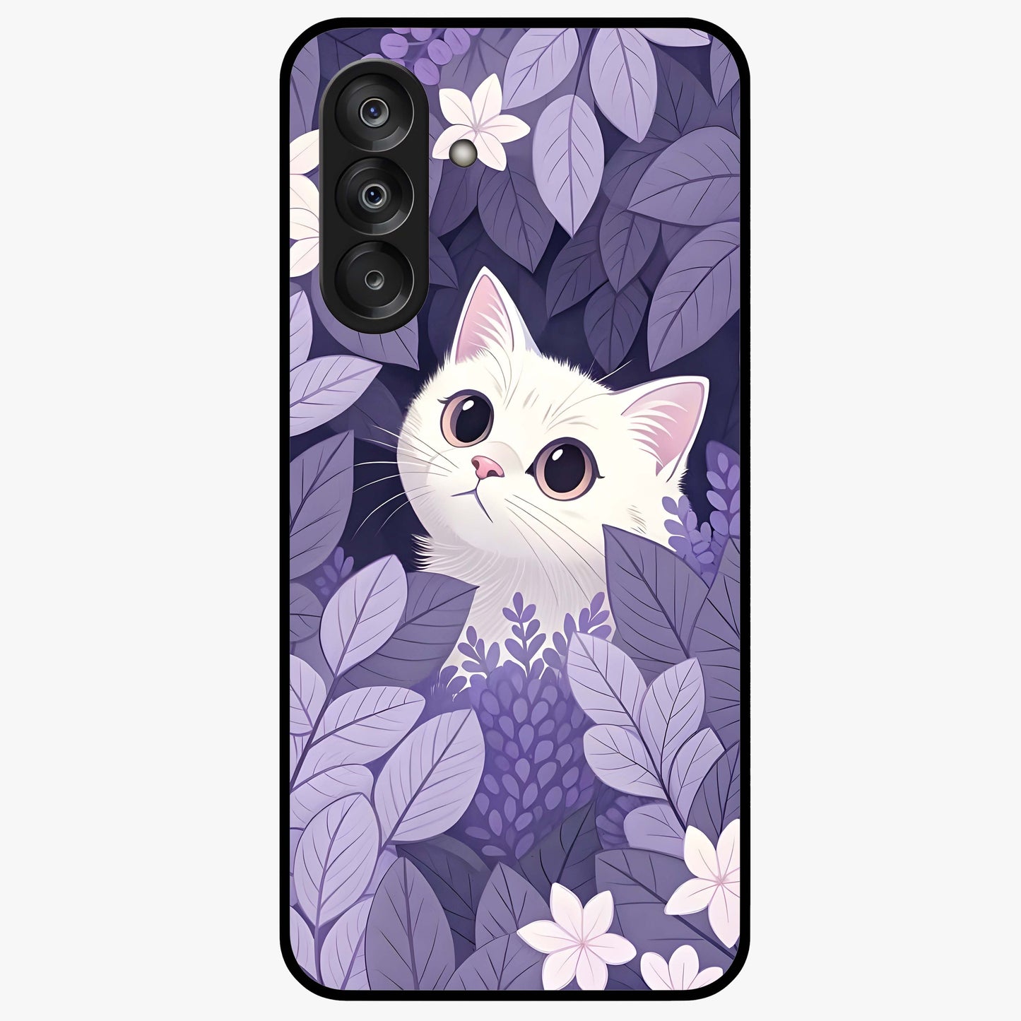 Lilac Hide Peek Cat Glass Case showing flat back view with cute peeking cat artwork and glossy glass finish.