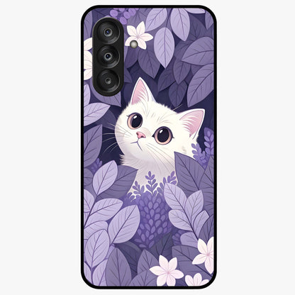 Lilac Hide Peek Cat Glass Case showing flat back view with cute peeking cat artwork and glossy glass finish.