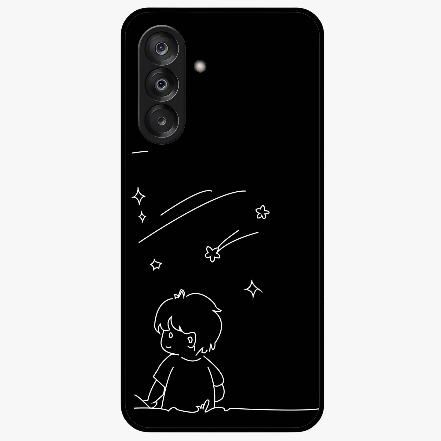 Line Art Boy With Shooting Stars Glass Case showing flat back view with minimal line art boy and shooting stars illustration and glossy glass finish.