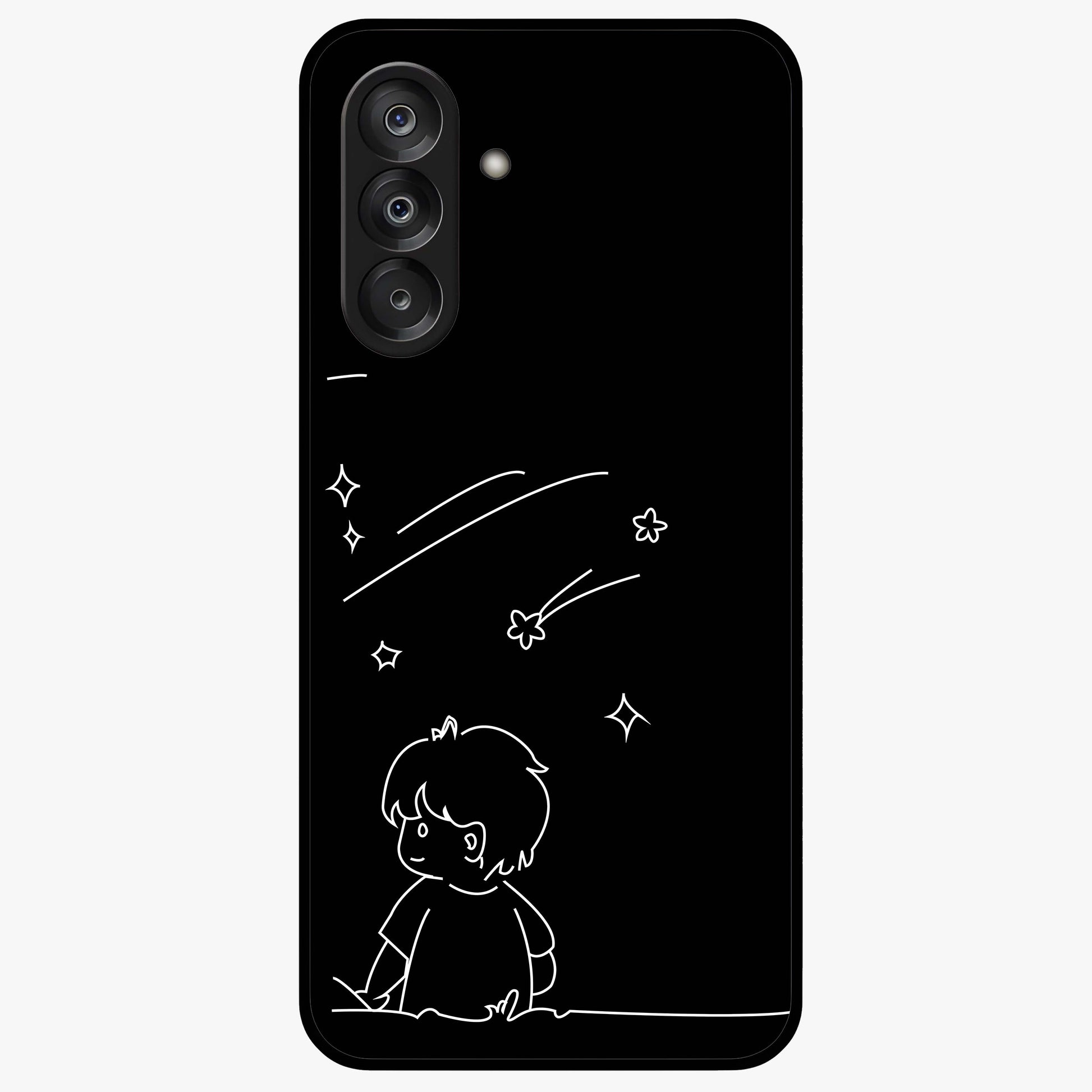 Line Art Boy With Shooting Stars Glass Case showing flat back view with minimal line art boy and shooting stars illustration and glossy glass finish.