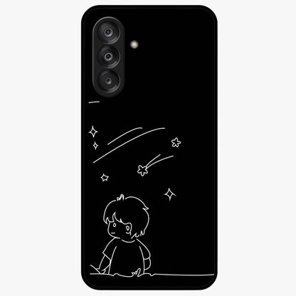 Line Art Boy With Shooting Stars Glass Case showing flat back view with minimal line art boy and shooting stars illustration and glossy glass finish.