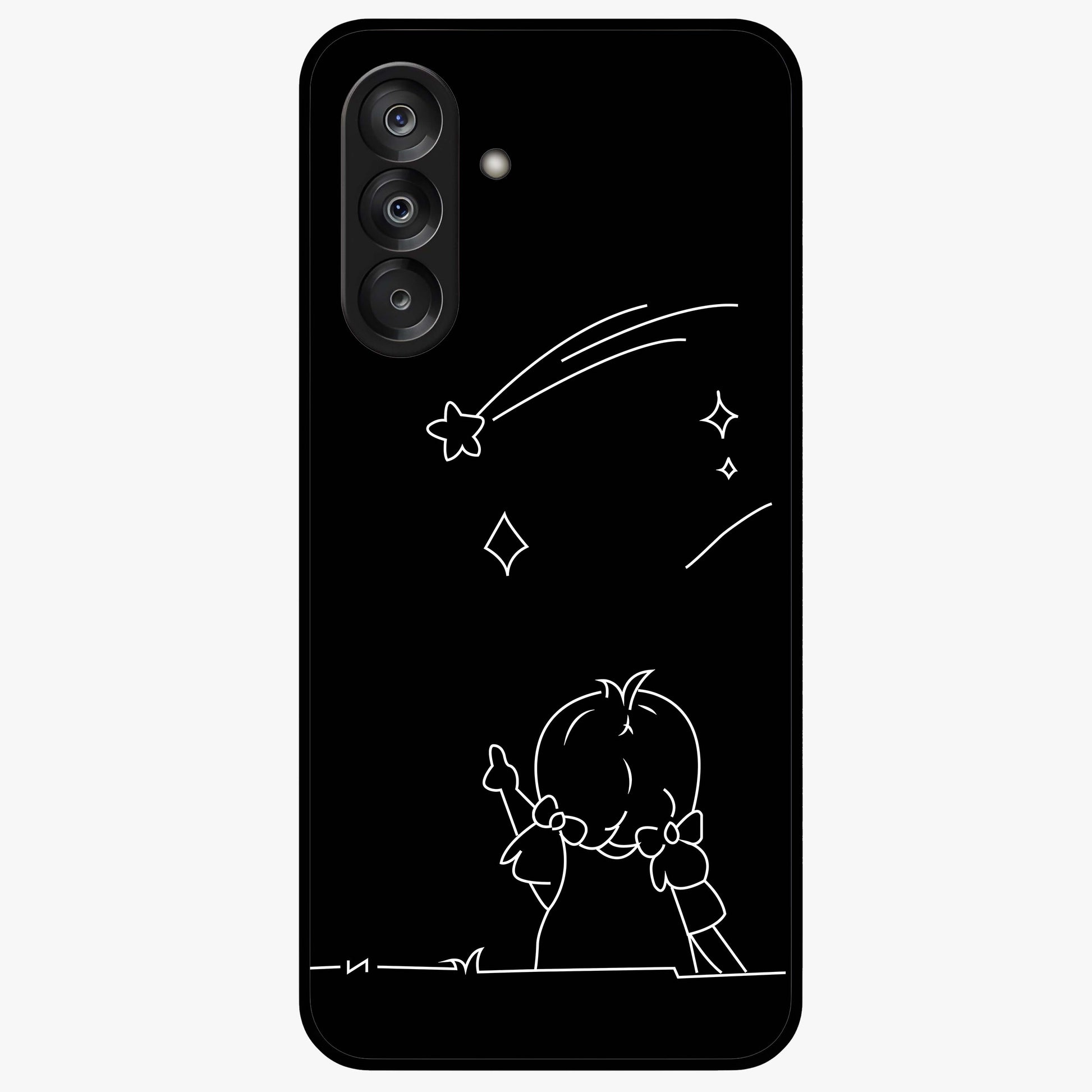 Line Art Girl With Shooting Stars Glass Case showing flat back view with minimal line art girl and shooting stars illustration and glossy glass finish.