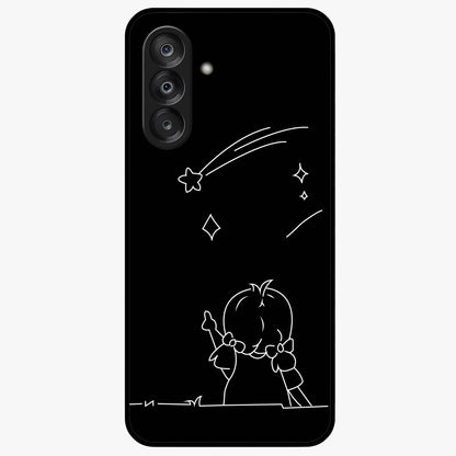 Line Art Girl With Shooting Stars Glass Case showing flat back view with minimal line art girl and shooting stars illustration and glossy glass finish.