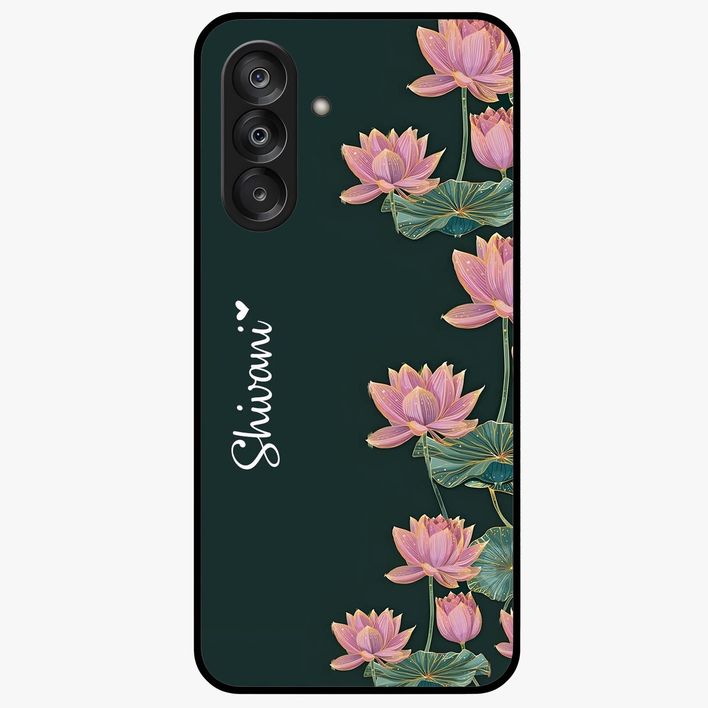 Lotus Bloom Serenity Custom Name Glass Case showing flat back view with elegant lotus flower artwork and personalized name design.