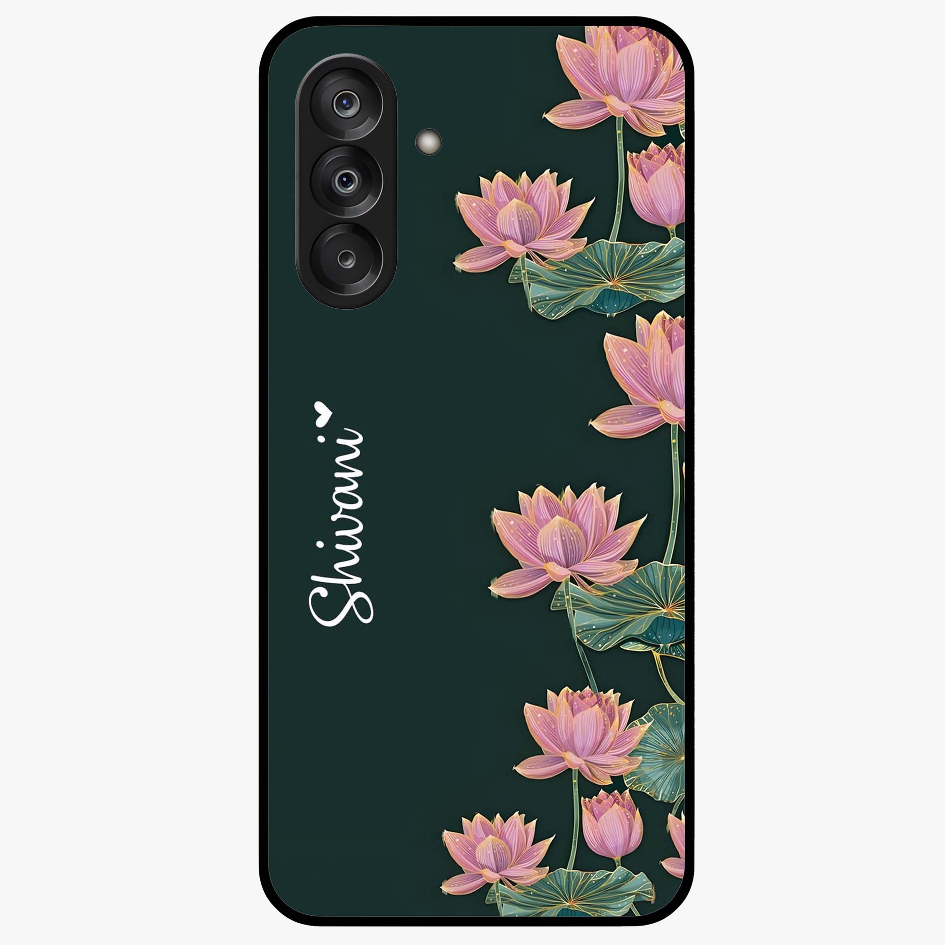 Lotus Bloom Serenity Custom Name Glass Case showing flat back view with elegant lotus flower artwork and personalized name design.