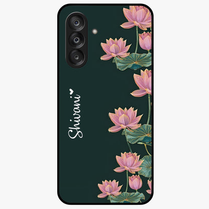 Lotus Bloom Serenity Custom Name Glass Case showing flat back view with elegant lotus flower artwork and personalized name design.