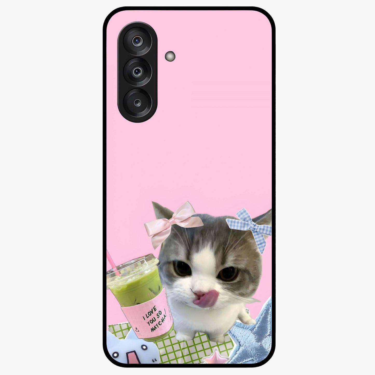 Love Matcha Cat Glass Case showing flat back view with cute cat and matcha themed artwork and glossy glass finish.