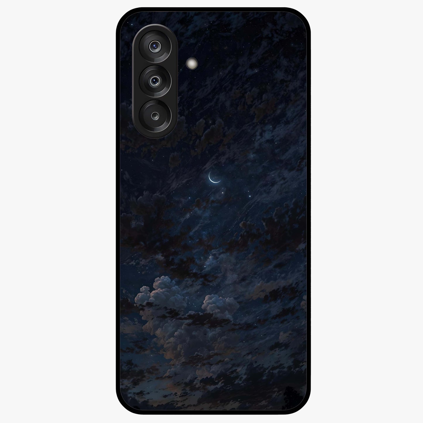Lunar Veil Silence Glass Case showing flat back view with mystical moon veil artwork and glossy glass finish.