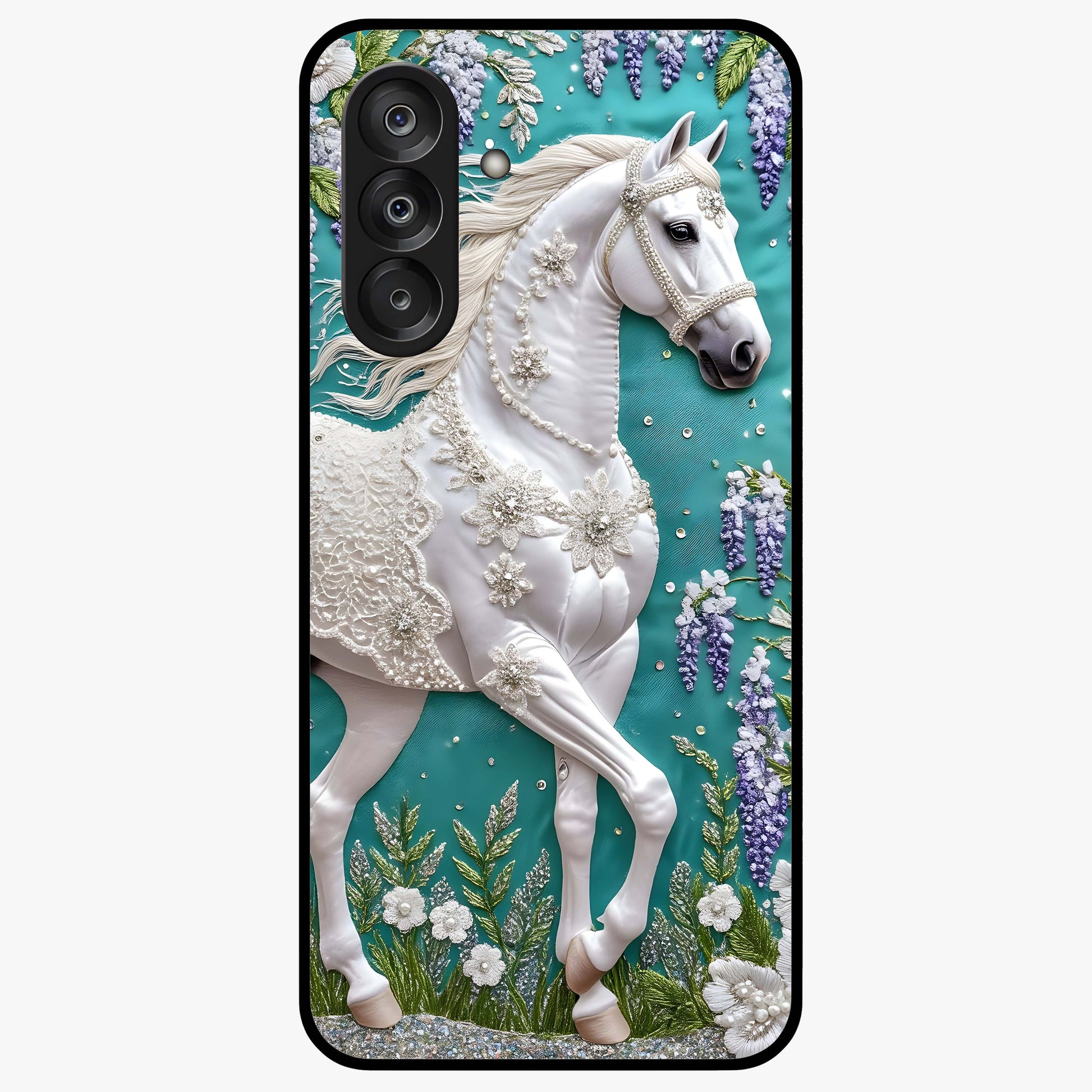 Majestic Floral Stallion Glass Case showing flat back view with powerful horse and floral artwork and glossy glass finish.