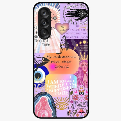 Manifestation Collage Glass Case showing flat back view with motivational collage artwork and glossy glass finish.