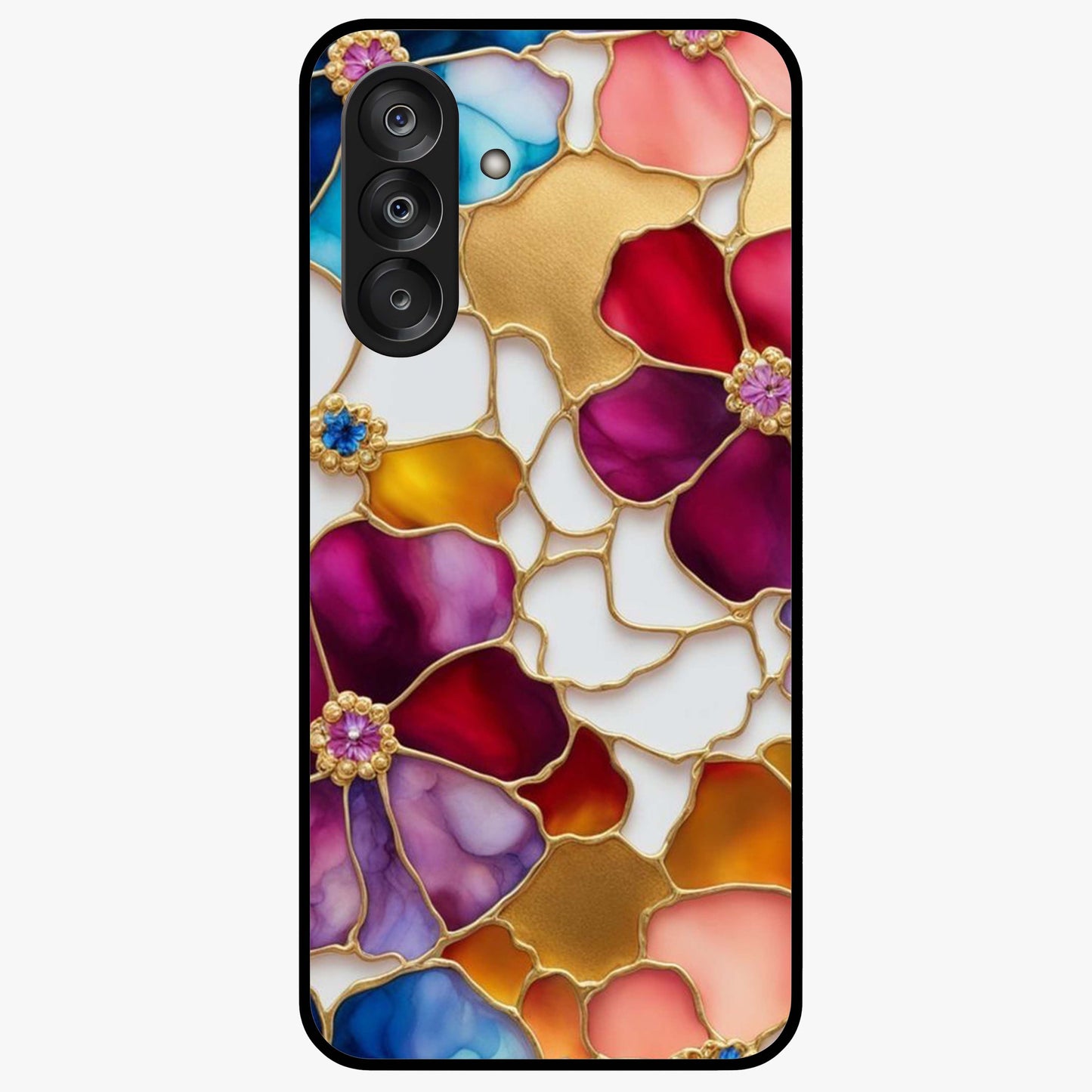 Marble Flower Pattern Glass Case showing flat back view with marble texture floral artwork and glossy glass finish.