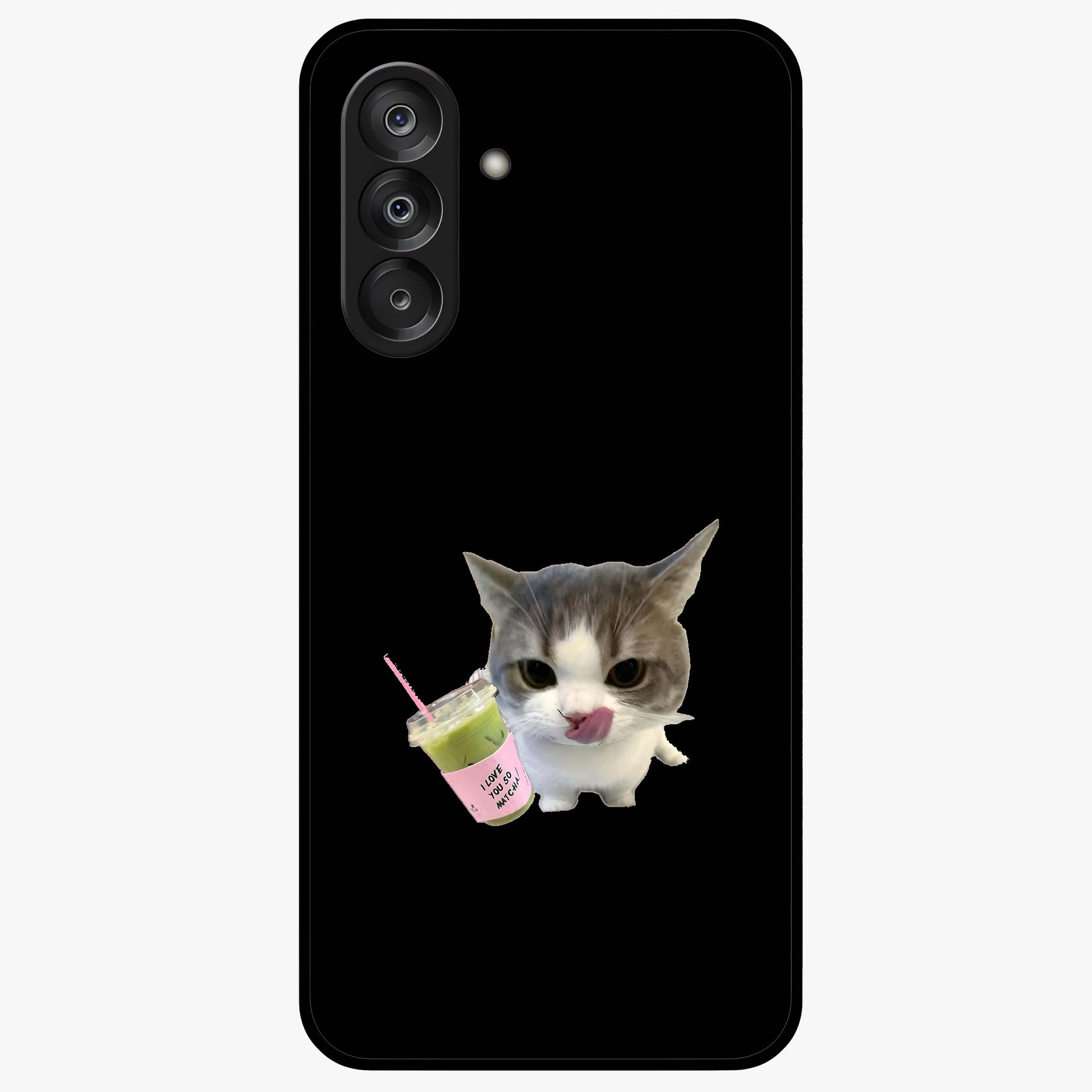 Matcha Cat Style Glass Case showing flat back view with cute matcha themed cat artwork and glossy glass finish.