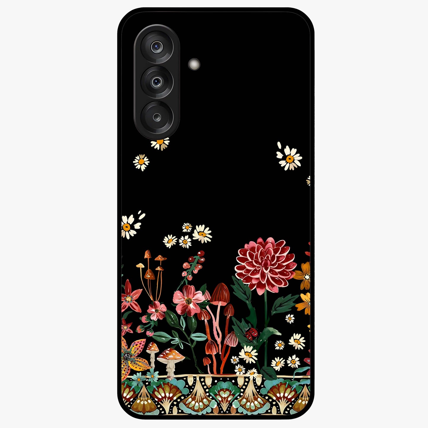 Midnight Bloom Pattern Glass Case showing flat back view with dark floral pattern artwork and glossy glass finish.