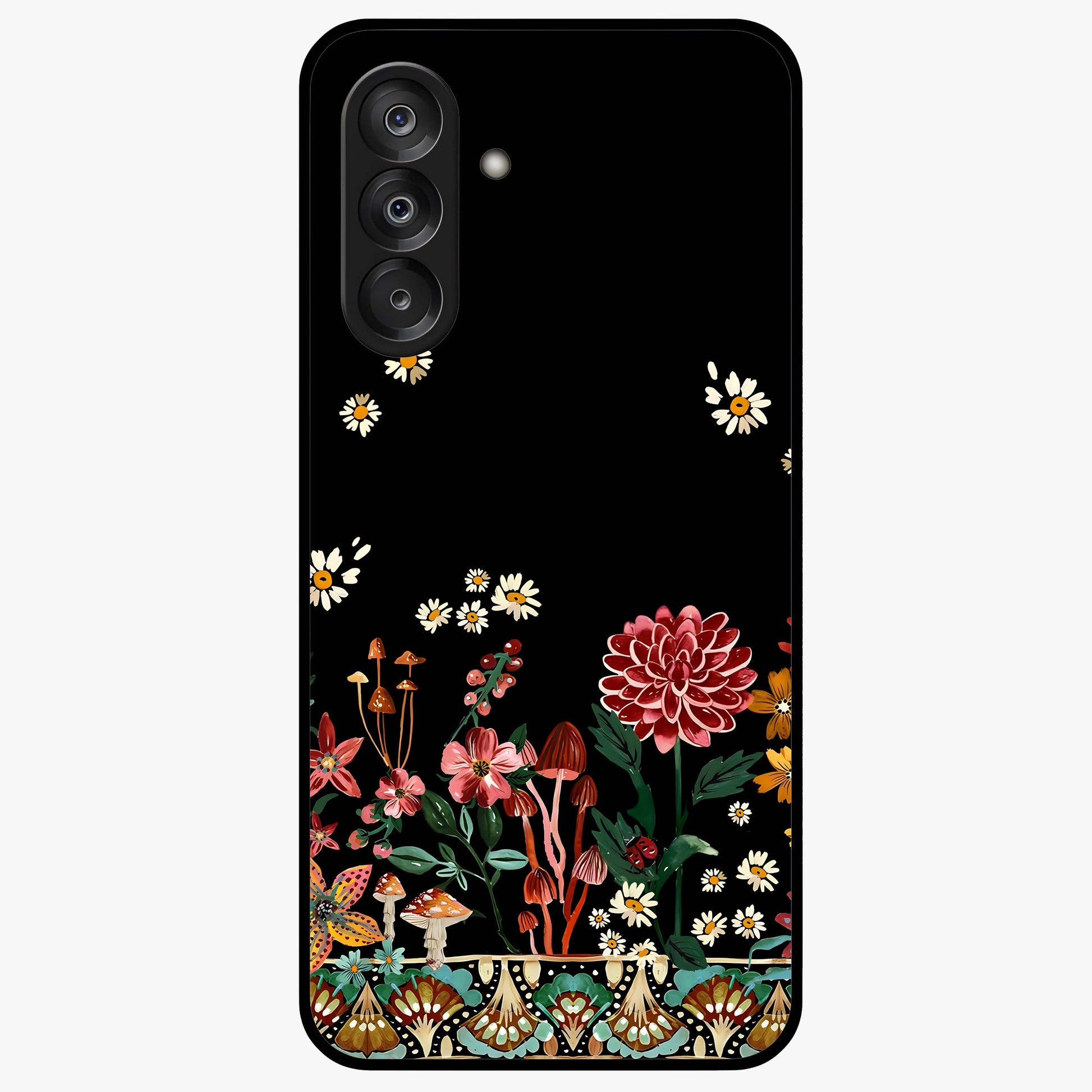 Midnight Bloom Pattern Glass Case showing flat back view with dark floral pattern artwork and glossy glass finish.