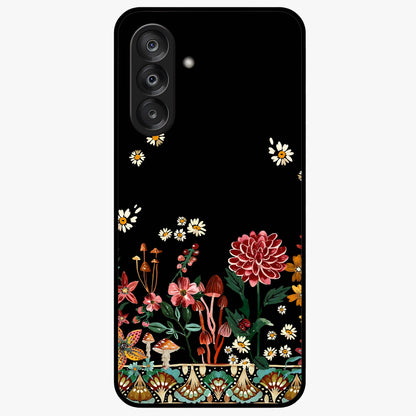 Midnight Bloom Pattern Glass Case showing flat back view with dark floral pattern artwork and glossy glass finish.
