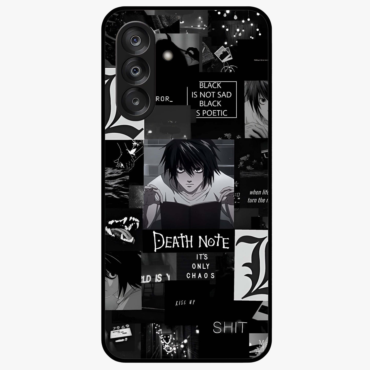 Midnight Chaos Mind Glass Case showing flat back view with abstract dark themed artwork and glossy glass finish.