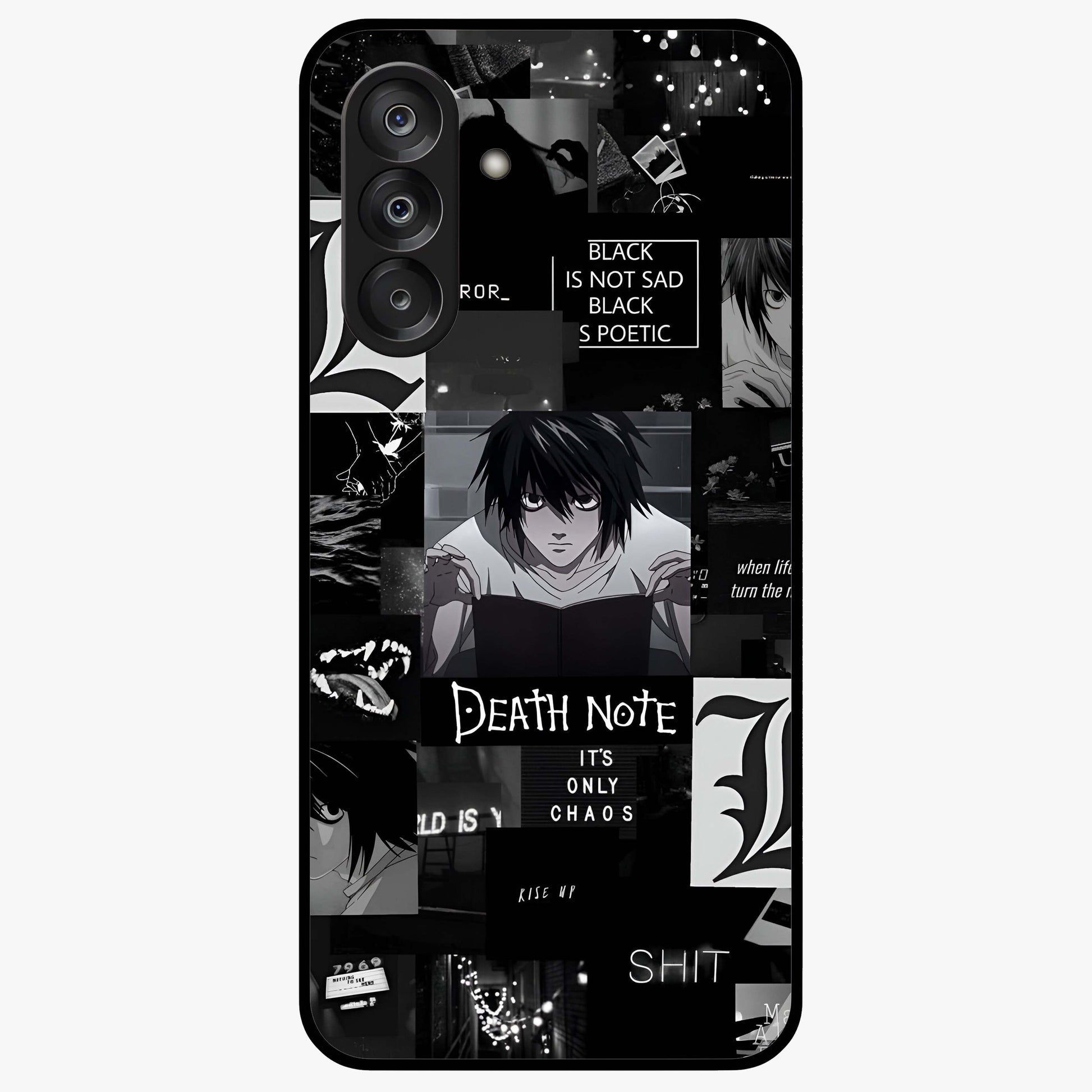 Midnight Chaos Mind Glass Case showing flat back view with abstract dark themed artwork and glossy glass finish.