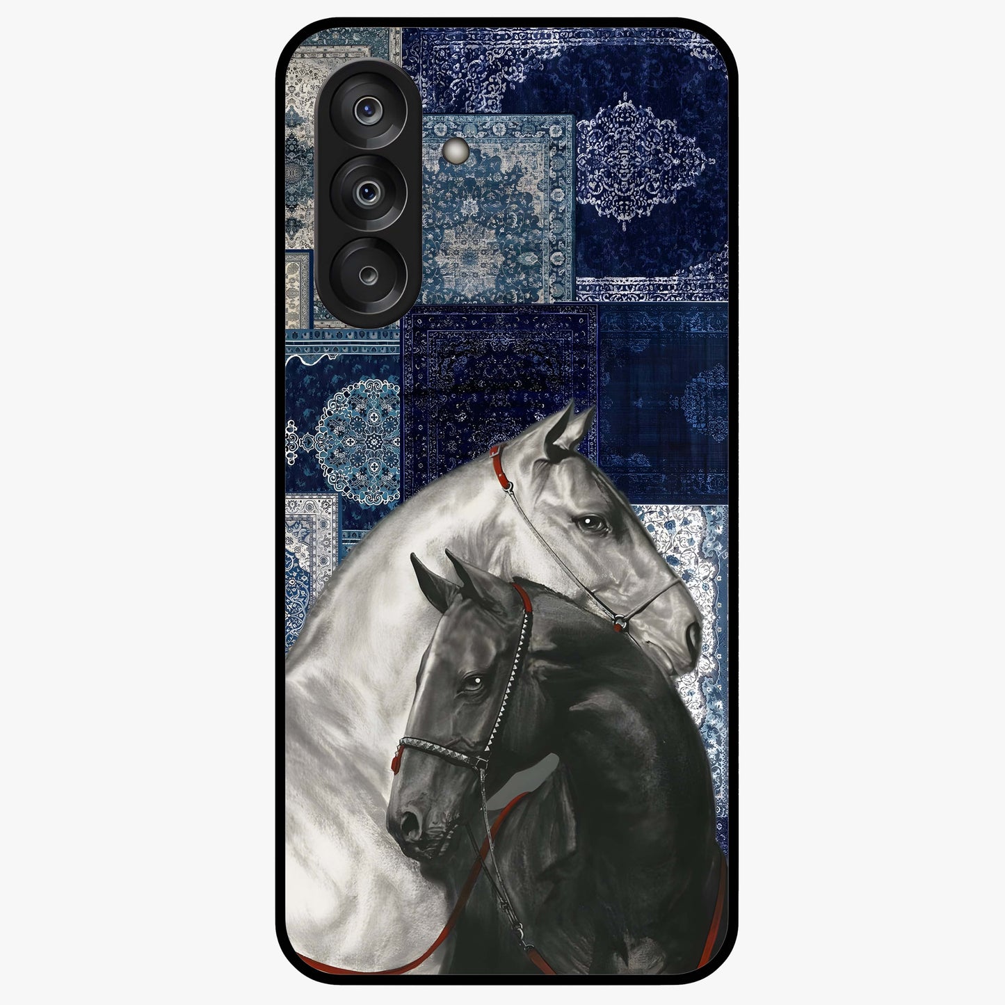 Midnight Stallion Blues Glass Case showing flat back view with majestic horse artwork and glossy glass finish.