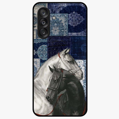Midnight Stallion Blues Glass Case showing flat back view with majestic horse artwork and glossy glass finish.