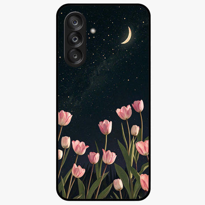 Midnight Tulip Whispers Vibe Glass Case showing flat back view with elegant tulip flower artwork and glossy glass finish.