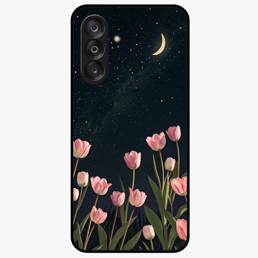 Midnight Tulip Whispers Vibe Glass Case showing flat back view with elegant tulip flower artwork and glossy glass finish.