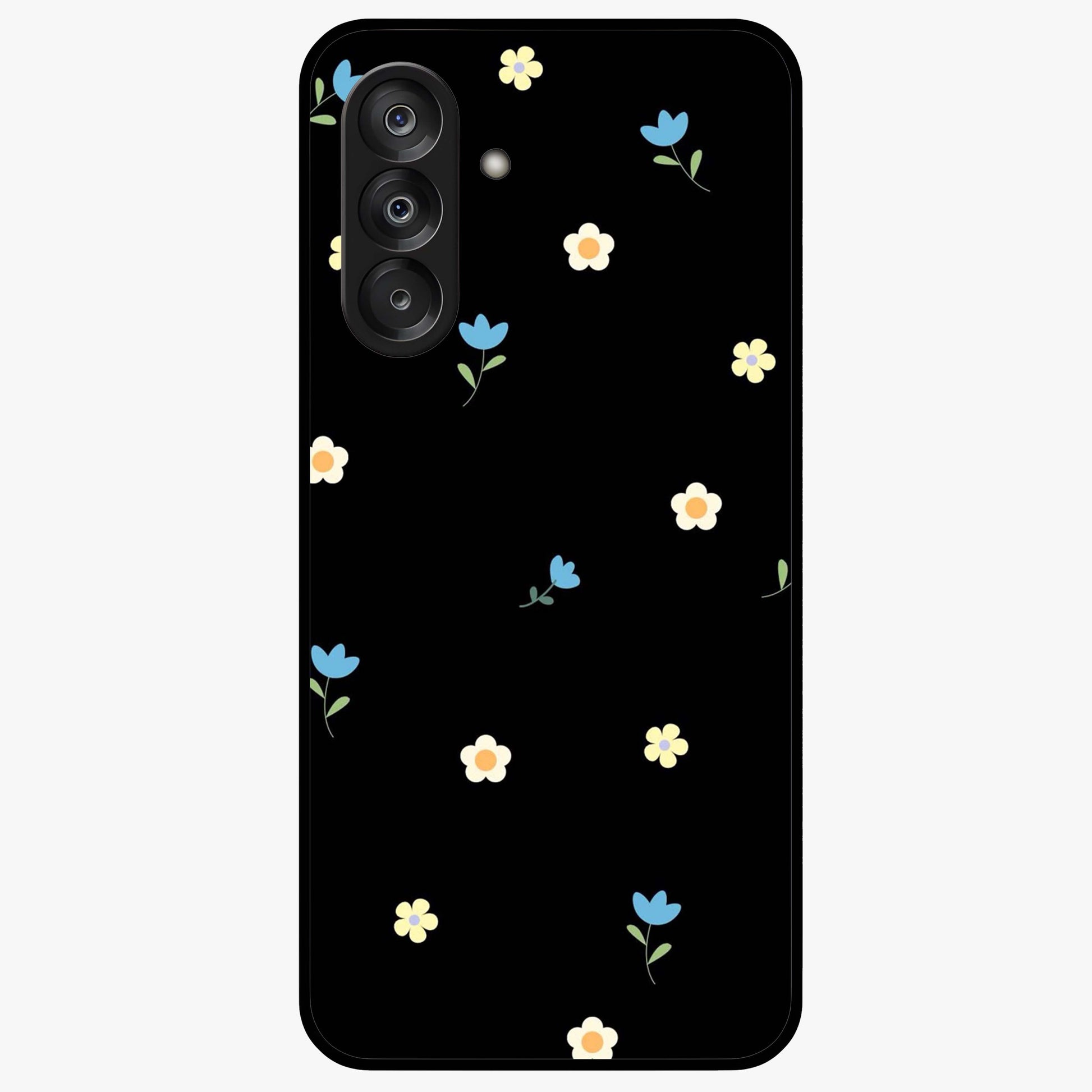 Minimalistic Blue With White Flower Pattern Glass Case showing flat back view with blue background and white flower pattern and glossy glass finish.
